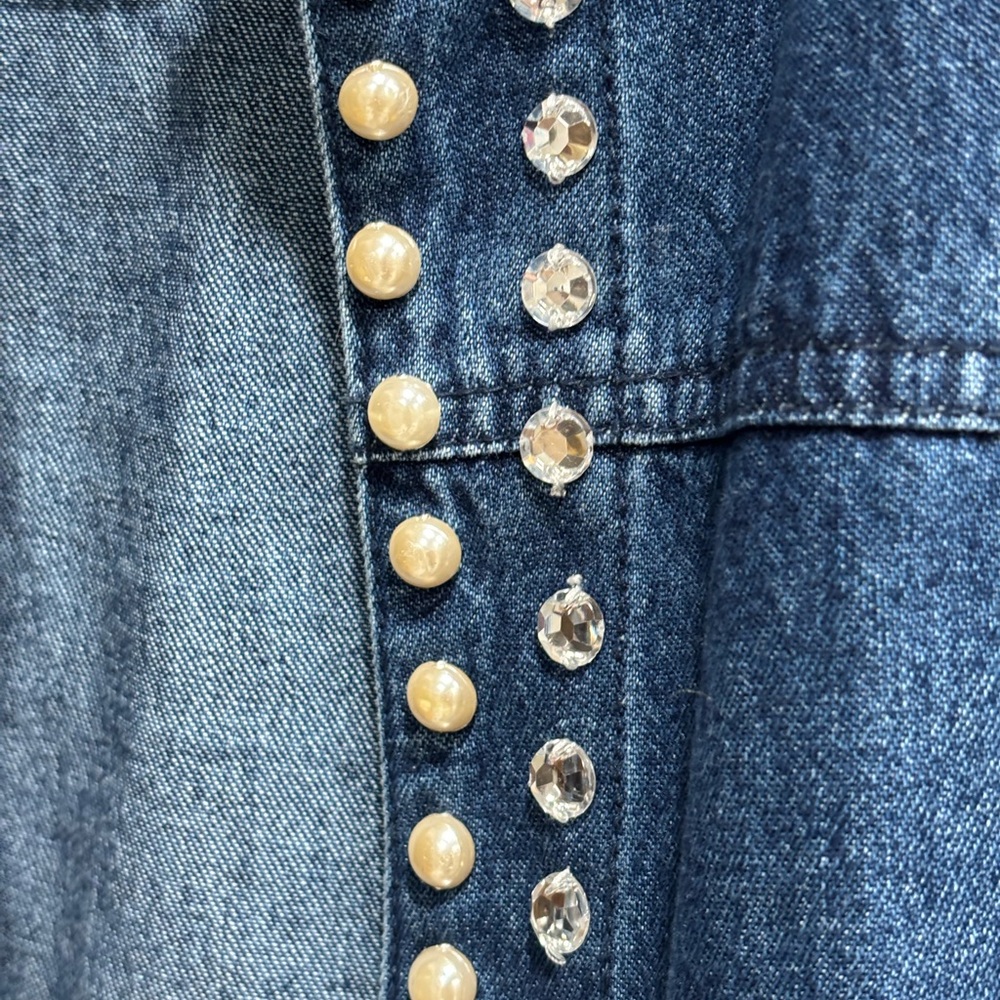 Women's Denim Open Front Jacket, Pearl and Rhinestone Embellishments - Picture 5 of 8